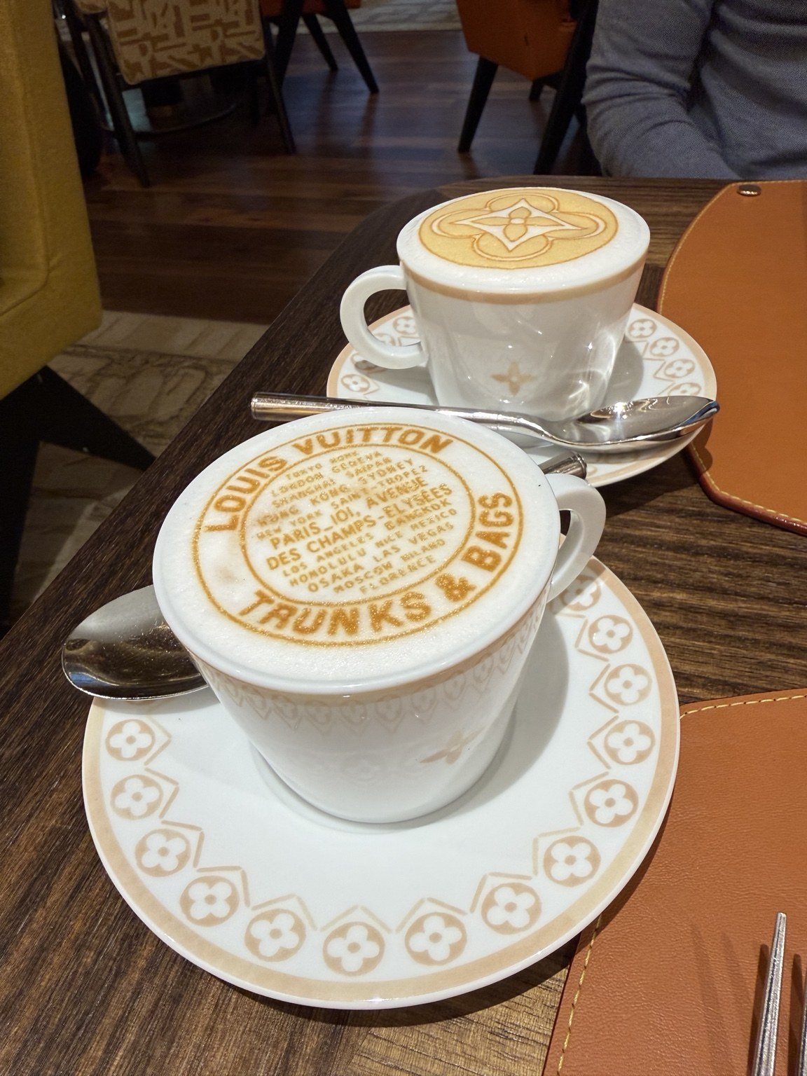 Our hazelnut and chocolate lavender lattes, with Louis Vuitton designs on the foam.