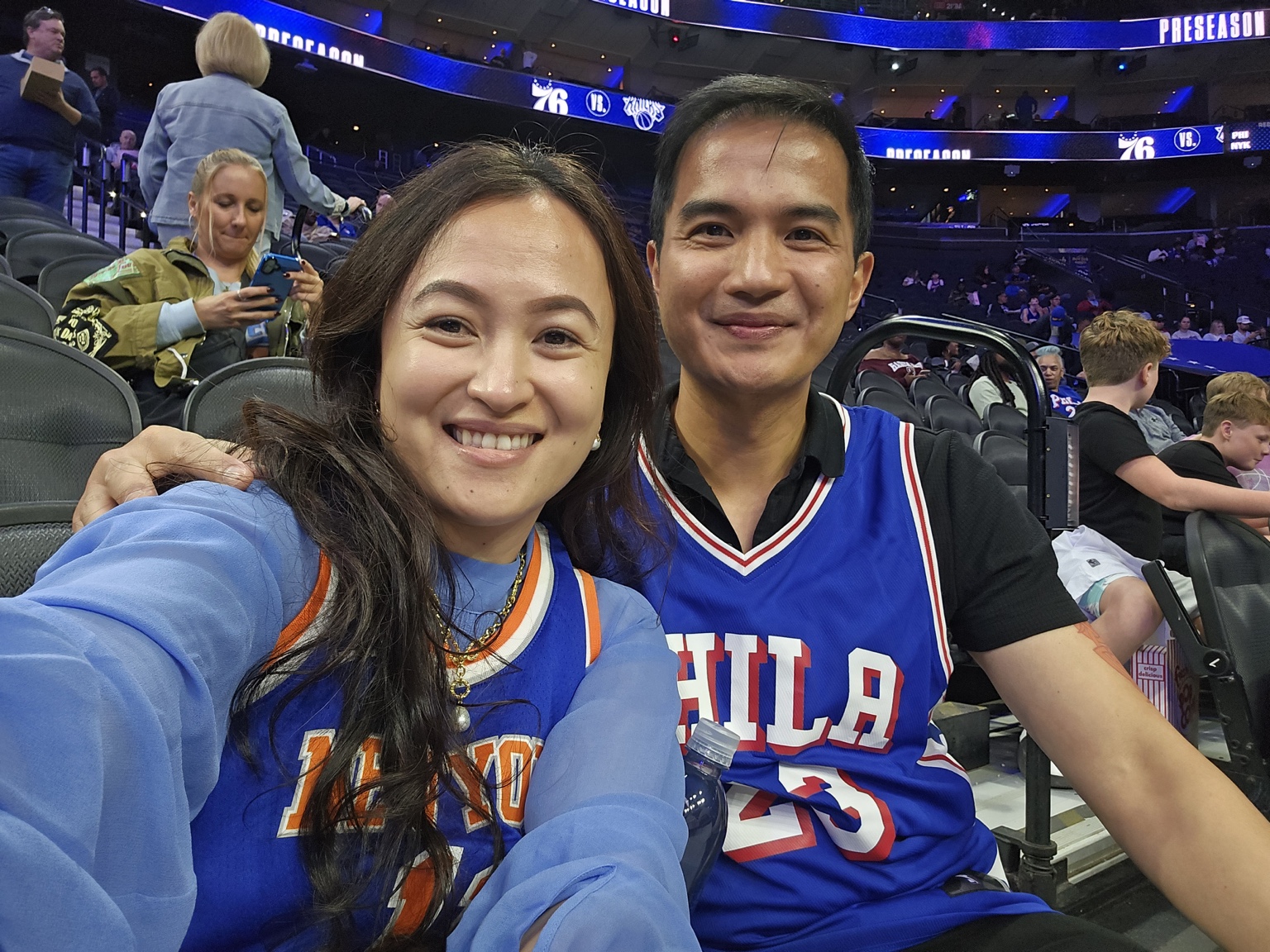Frances and Francis close to the court at a Sixers game in Philadelphia