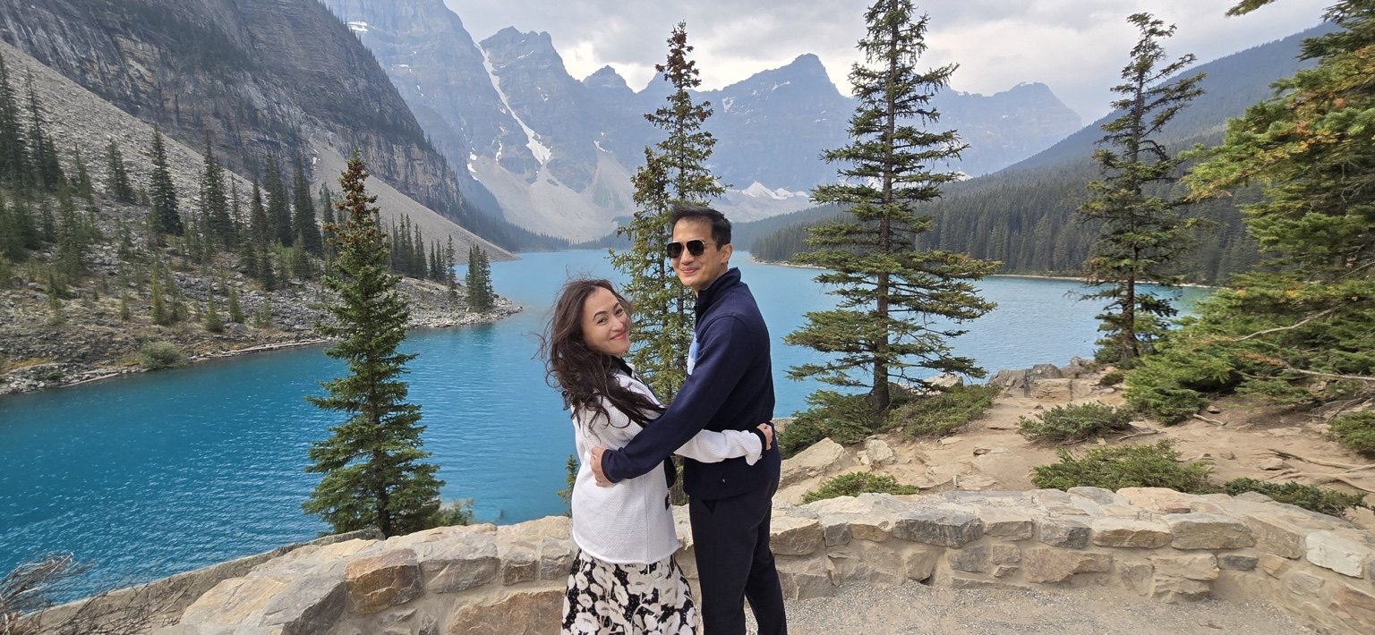 Frances and Francis overlooking Moraine Lake in Banff National Park